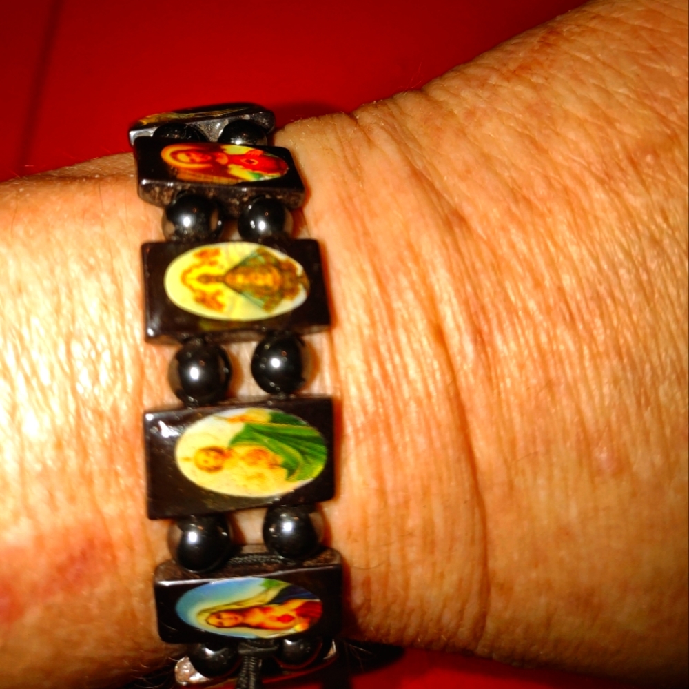 Vintage lovely hematite religious Saint bracelet